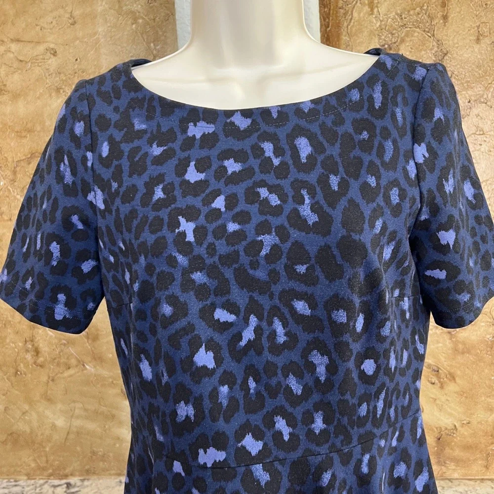 Kate Spade Fit Flare Dress Small Blue Leopard Print Lace Up Back Skater Preppy